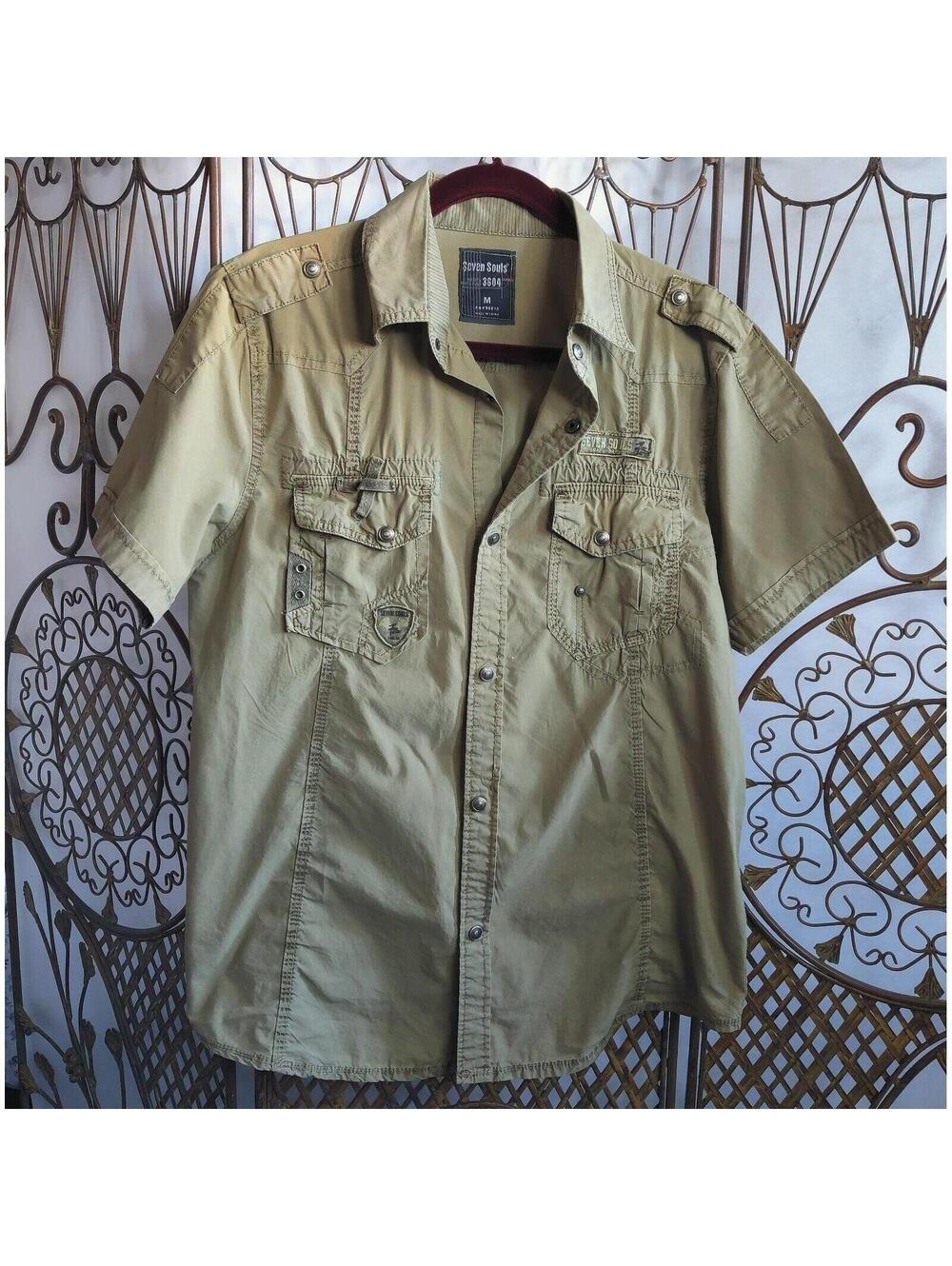 Seven Souls Mens Snap Shirt Short Sleeve Collared Pockets Gray Size Medium